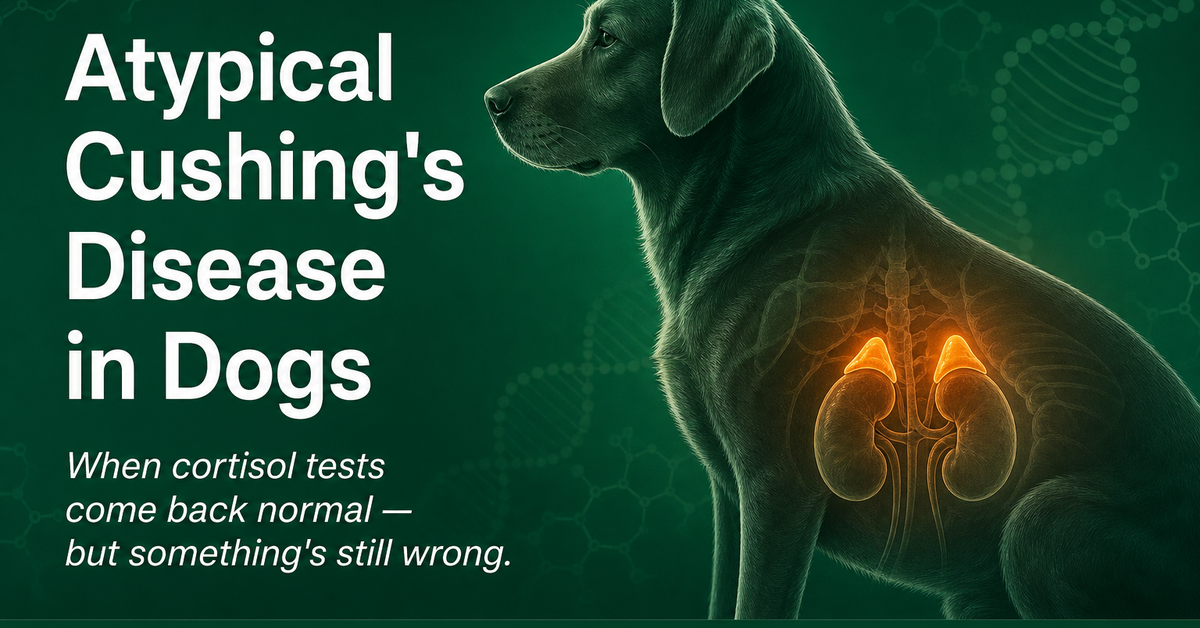 Atypical Cushing's disease in dogs — dog with highlighted adrenal glands and normal cortisol tests