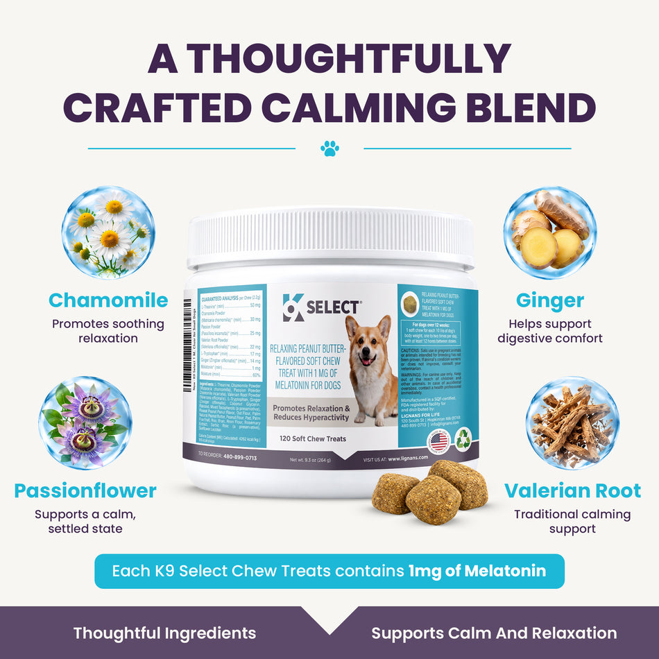 K9 Select Calming Soft Chews for Dogs – Peanut Butter │ Melatonin Treats for Relaxation & Anxiety (120 Chews)