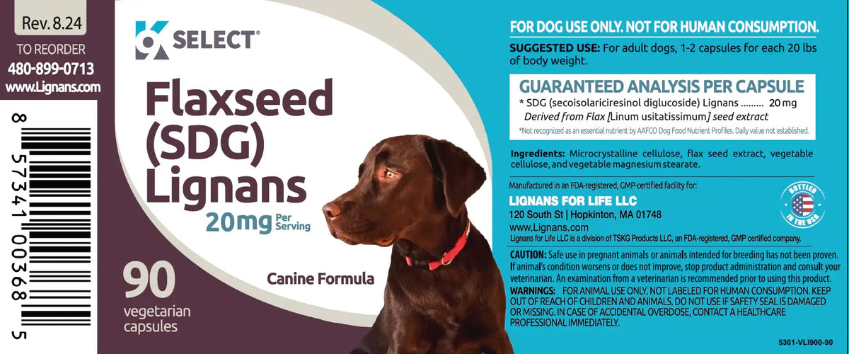 Flaxseed supplement label for dogs with a dog's face on the label.
