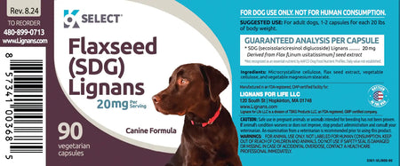 Flaxseed supplement label for dogs with a dog's face on the label.