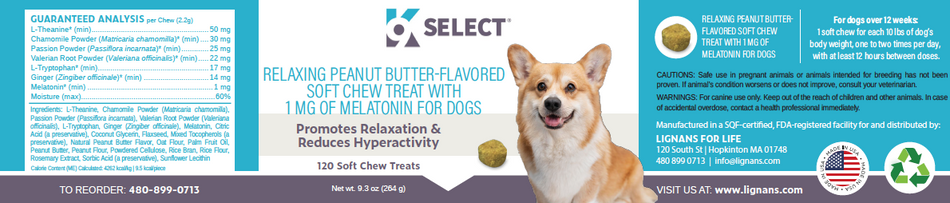 K9 Select Calming Soft Chews for Dogs – Peanut Butter │ Melatonin Treats for Relaxation & Anxiety (120 Chews)